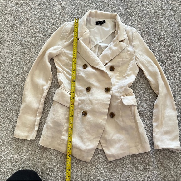 Cat’s y2k Chic Cream Linen Double-Breasted Blazer w Pockets & Brown Buttons - Picture 9 of 10